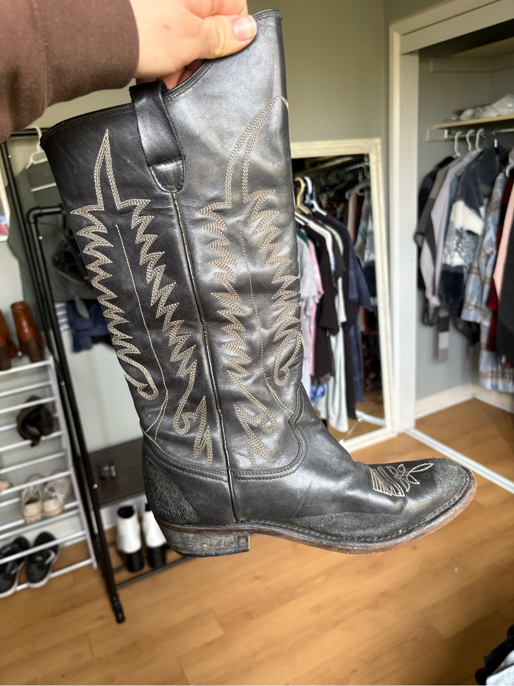 Golden Goose Black Leather Embroidered Western Knee Boot